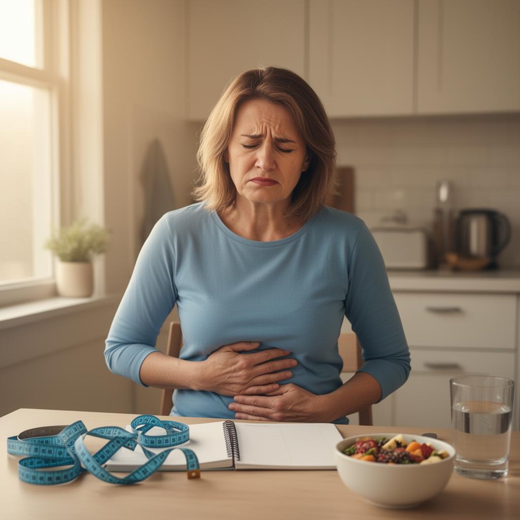 Stressed woman holding her midsection at a kitchen table with a measuring tape and journal, illustrating cortisol-driven belly fat