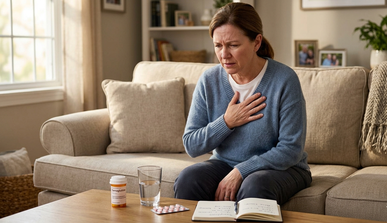 Woman experiencing heartburn discomfort while taking GLP-1 weight loss medication at home