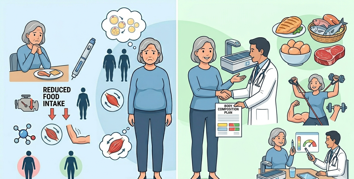 Side-by-side illustration showing reduced food intake and muscle loss versus a doctor-supervised body composition plan with protein, strength training, and monitoring on Semaglutide
